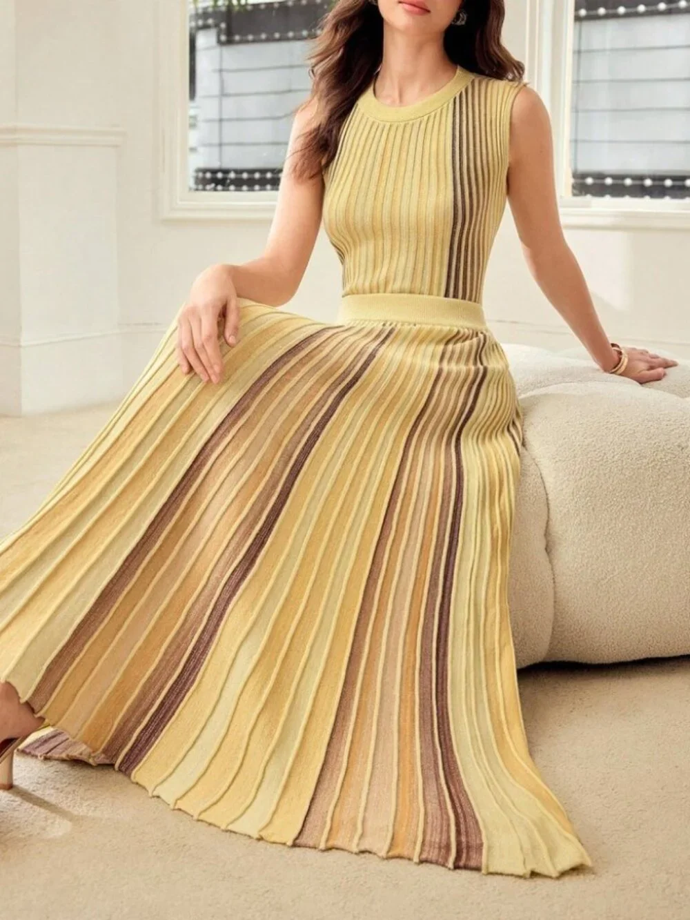 Yellow Striped Knit Maxi Skirt with Pleated A-Line Flare